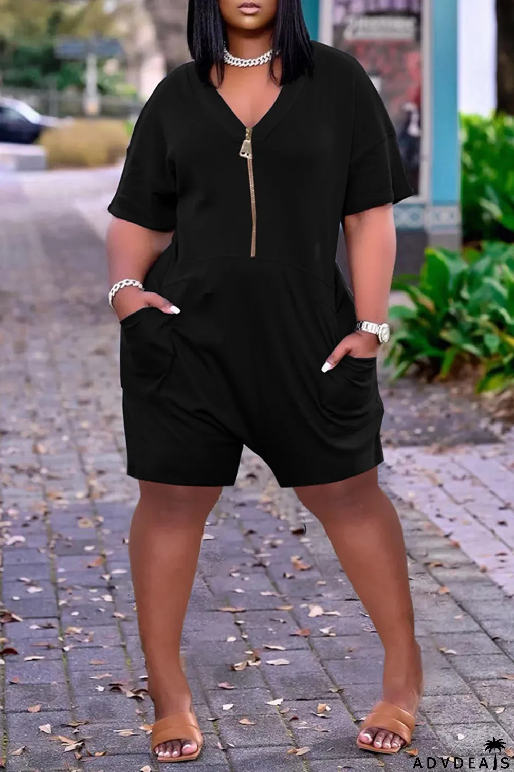 White Fashion Casual Solid Pocket V Neck Loose Romper