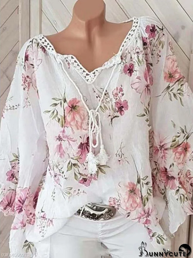 Women's Long Sleeve V Neck Floral Print Casual Top T-Shirt