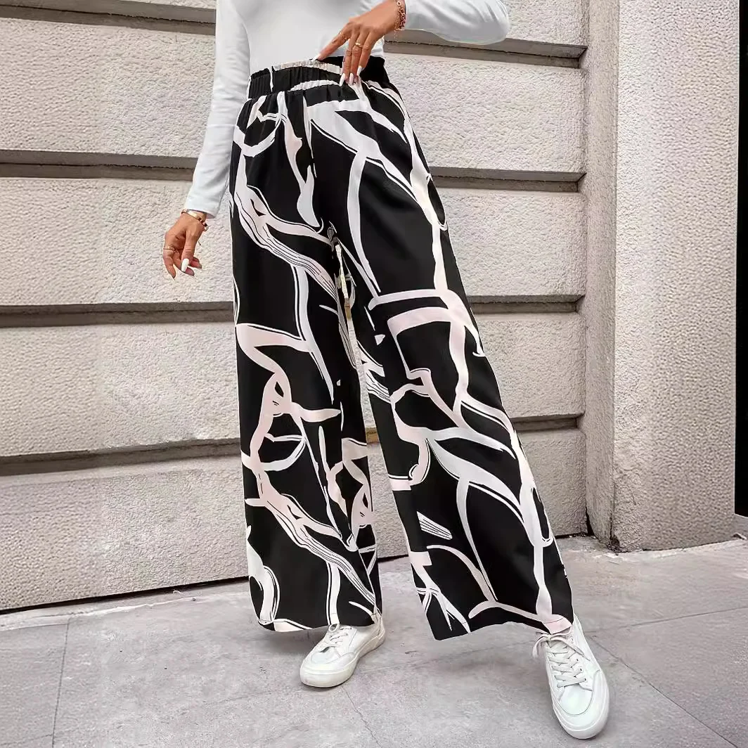 Uveng Uveng Women's Clothing 2025 Summer New Printing Leisure High-Waisted Broad-Legged Trousers