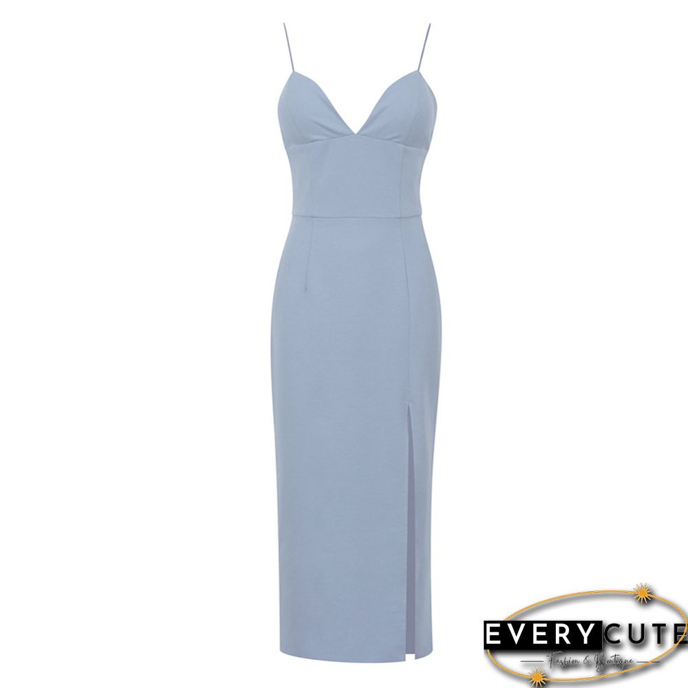 Grey-bluish Cotton Blend Knit Split Bodycon Dress