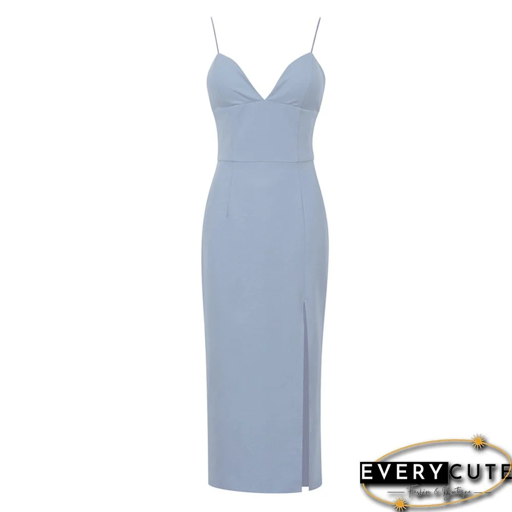 Grey-bluish Cotton Blend Knit Split Bodycon Dress