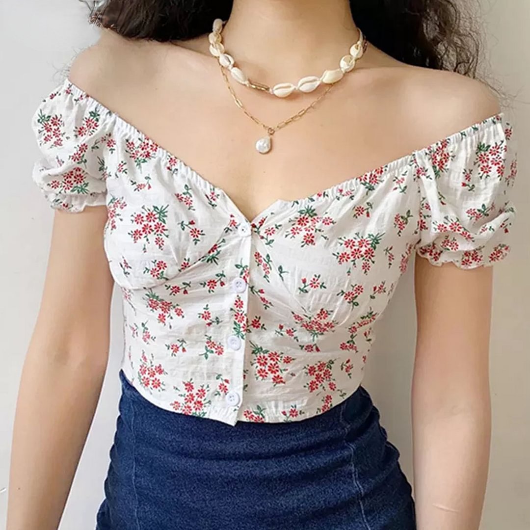 Women Shirts Off Shoulder Blouse Top Vintage Printed Casual Pullover 