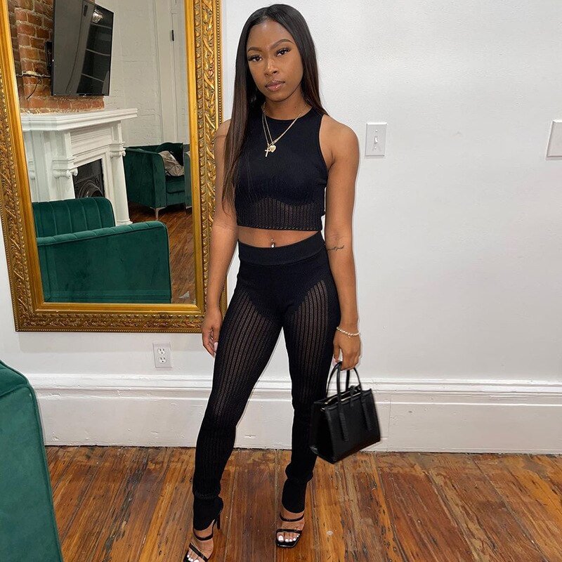 Weird Puss Tracksuit Women Sexy 2 Piece Set Mesh Patchwork Tank Top+High Waist Trousers See Through Stretch Party Hot Streetwear