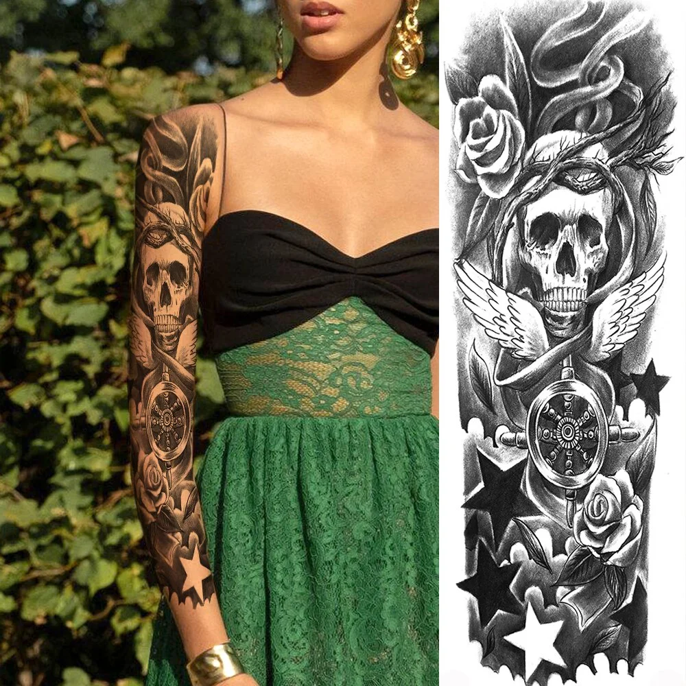 Sdrawing Totem Tattoo Arm Sleeve For Men Women Adult Realistic Fake Skeleton King Temporary Tattoo Evil Eye Demon Death Skull Tatoo