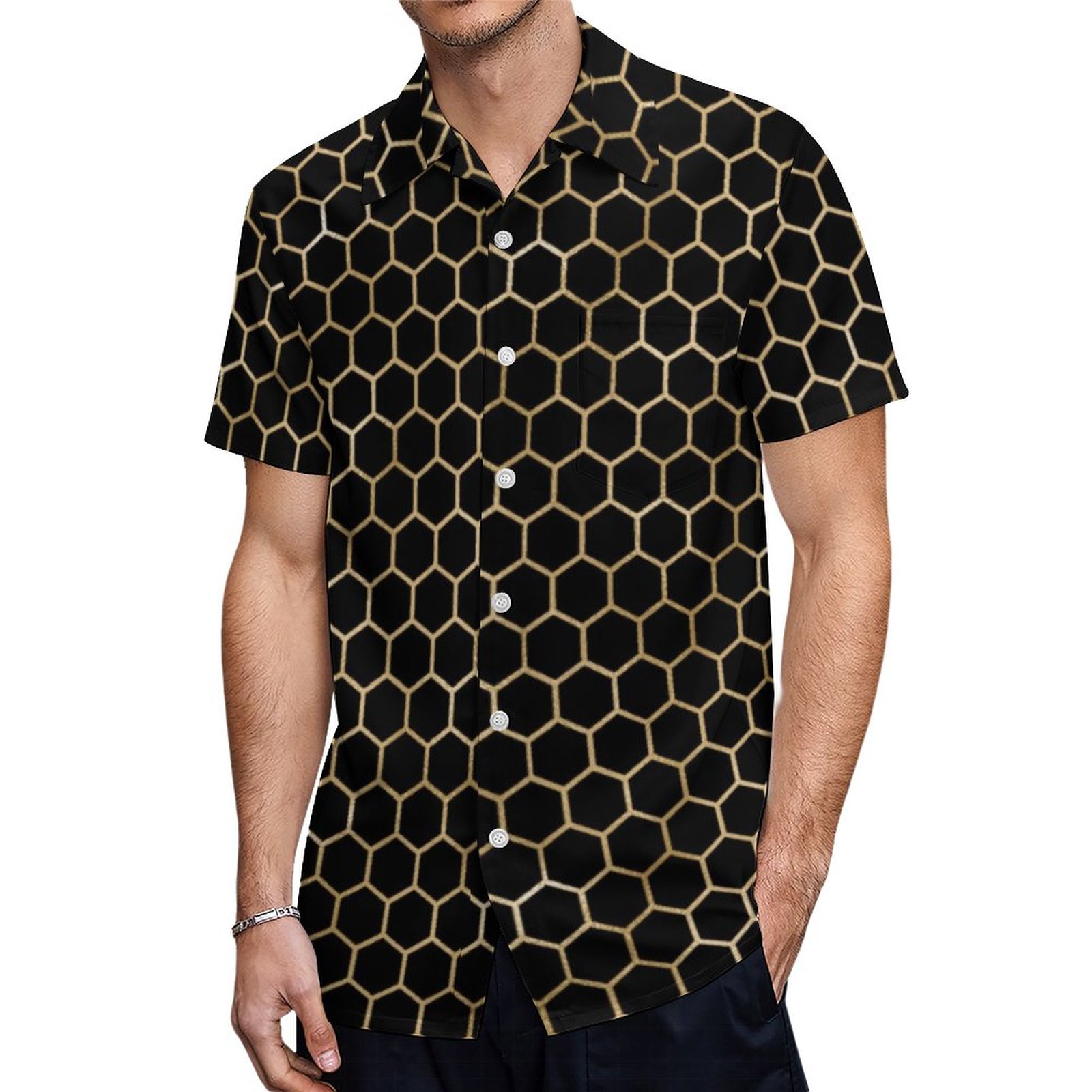 Gold And Black Honeycomb Hawaiian Shirt Mens Button Down Plus Size Tropical Hawaii Beach Shirts