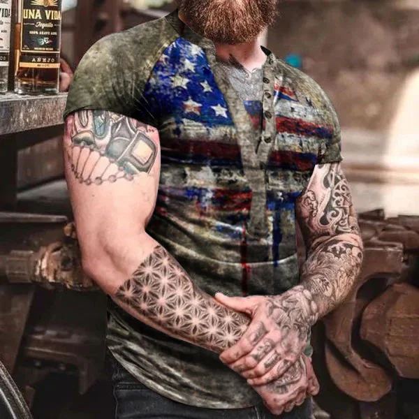 Mens Vintage Oil Painting American Flag Print Henry T-Shirt