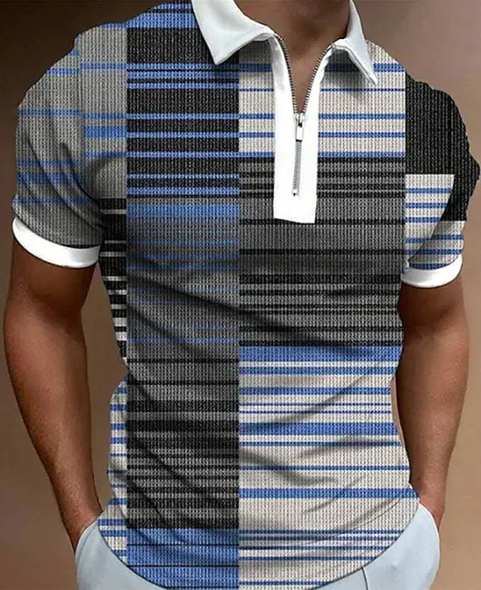 Casual Contrast Color Geometry Lapel Collar Zipper Short Sleeve Polo Shirt Okaywear