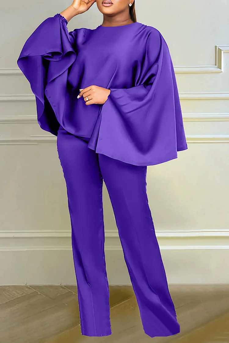 Plus Size Semi Formal Pant Set Purple Mock Neck Solid Batwing Sleeve Two Piece Pant Set 
