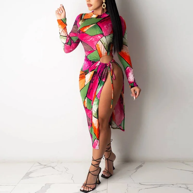 Print Long Sleeve Hollow Out Babdage Dress - IRBOOM Fashion Clothing