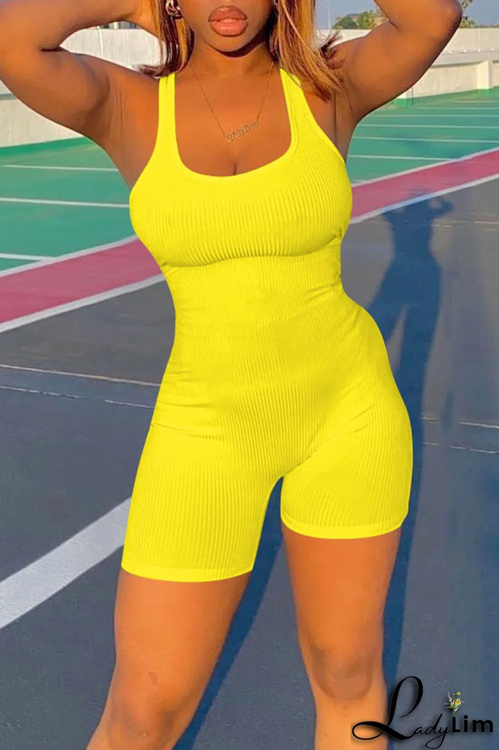 Yellow Casual Sportswear Solid Split Joint U Neck Regular Jumpsuits