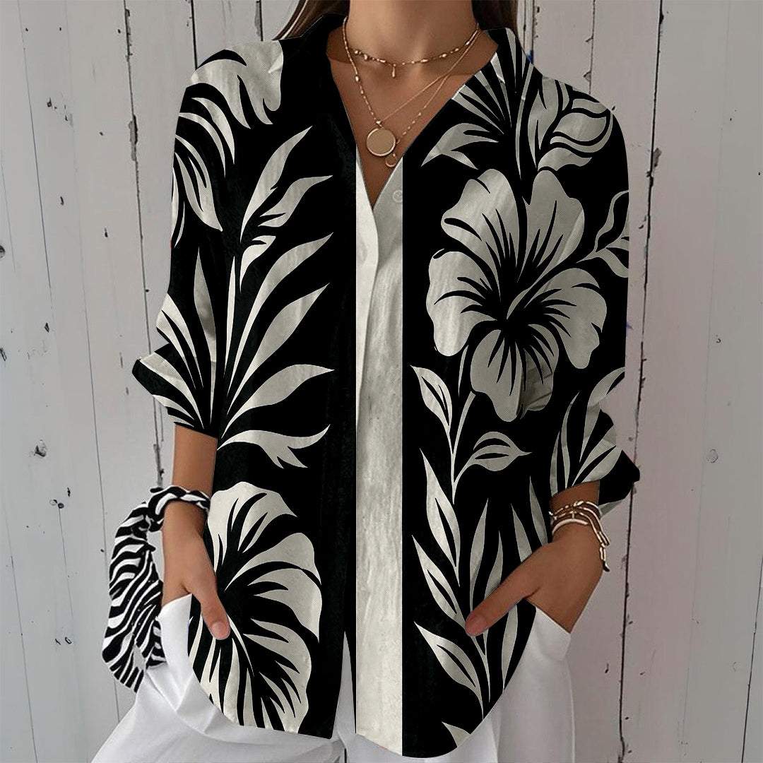 Women Long Sleeve V-neck Graphic Floral Printed Top
