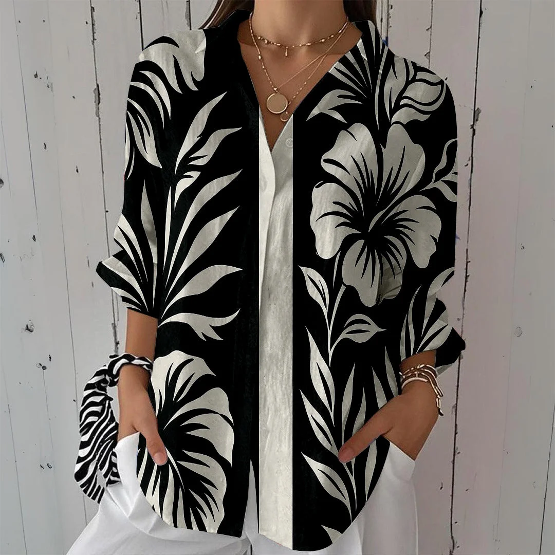 Style & Comfort for Mature Women Women Tropical, Geometric, Black, White DZCL0069 3/4 Sleeve Shirt Collar Printed Button Tops