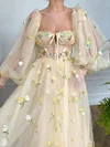 Cream French Chiffon Ball Gown Puff Lantern Sleeve Tulle A Line Prom Dress Yellow Flower Floral Print Embroidery Sweetheart Corset Boho Robe