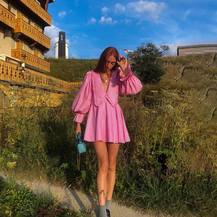 Churchf Churchf Women's Pink Checked Butterfly Collar Long-Sleeved Dress Temperament Fashion Design Sense A Line Skirt