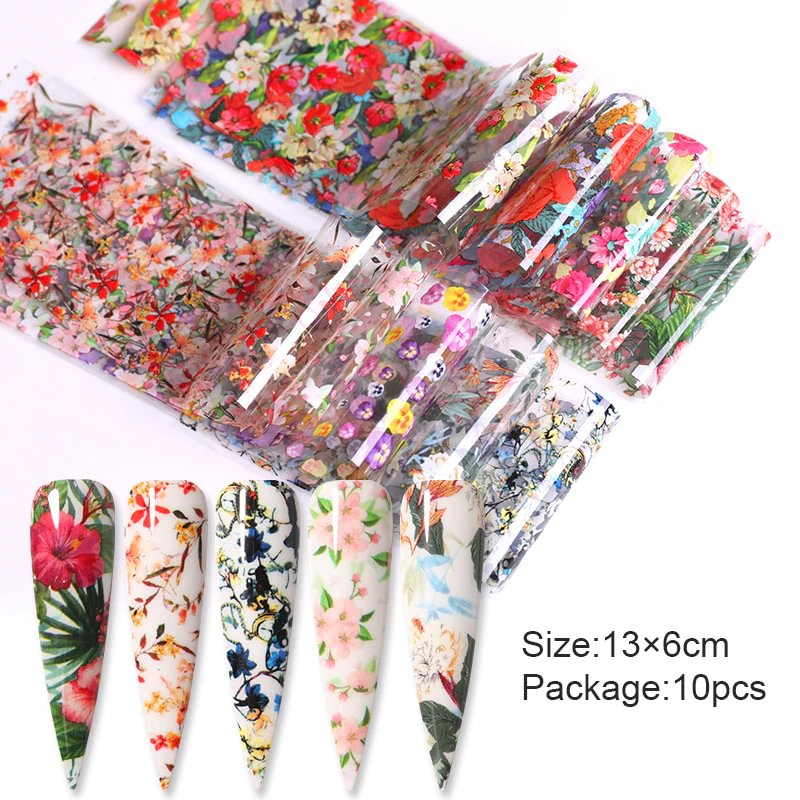 Agreedl 10Pcs/Set Nail Foils Summer Tropical Flowers Leaves Transfer Stickers Leopard Snake Print Nail Art Stickers Manicures Wraps