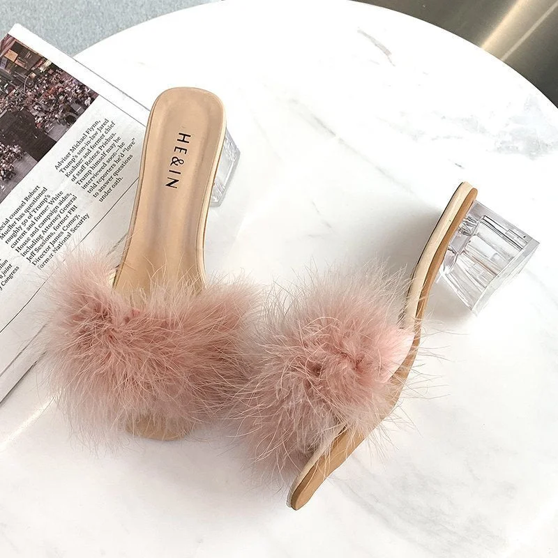 Woman Shoes Transparent Crystal High Heels Woman Feather Fur Slippers Pumps Women Peep Toe Lady Cute Plush Slippers 2021