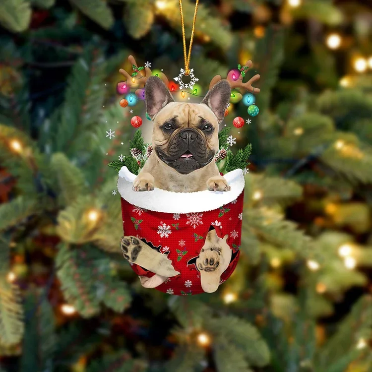 Fawn French Bulldog In Snow Pocket Christmas Ornament trabladzer