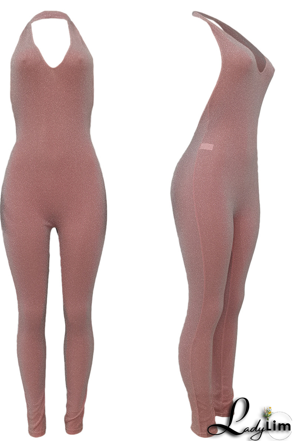 Pink Sexy Solid Patchwork Halter Skinny Jumpsuits