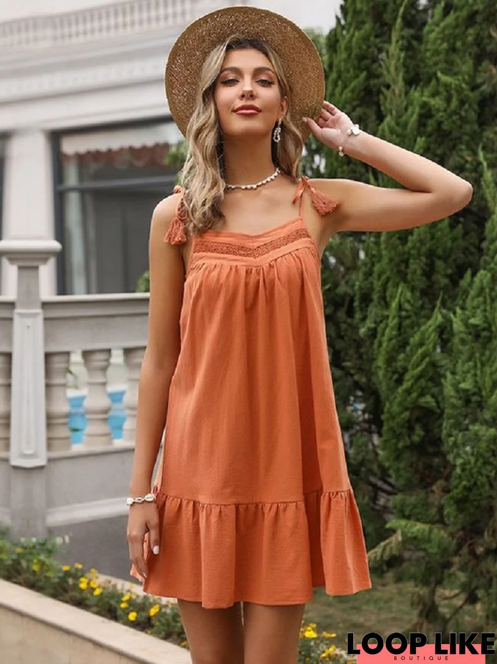 Solid Color Lace Loose Dress with Strap Stitching