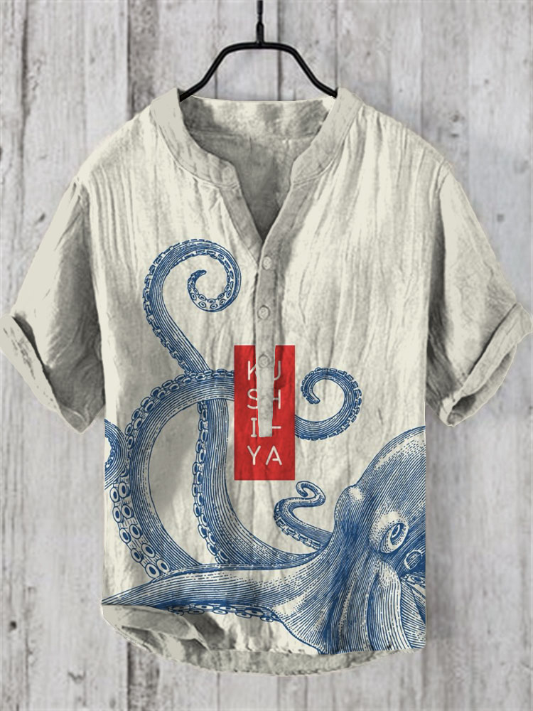 Comstylish Japanese Octopus Art Linen Blend Shirt