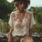 Bohemian Retro Pink Floral Pattern Women's Short-sleeve Top - Image 2