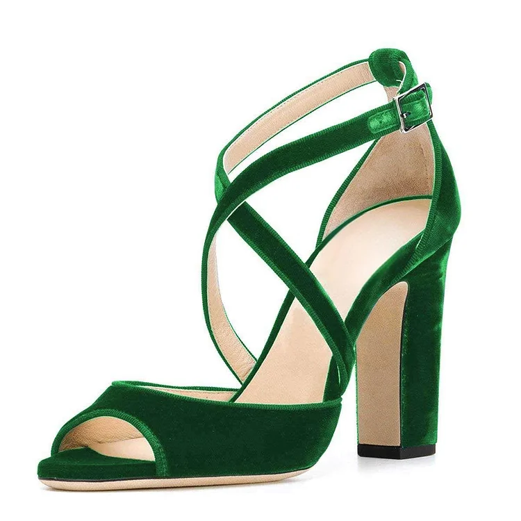 Green Velvet Chunky Heel Peep Toe Cross Over Sandals Vdcoo