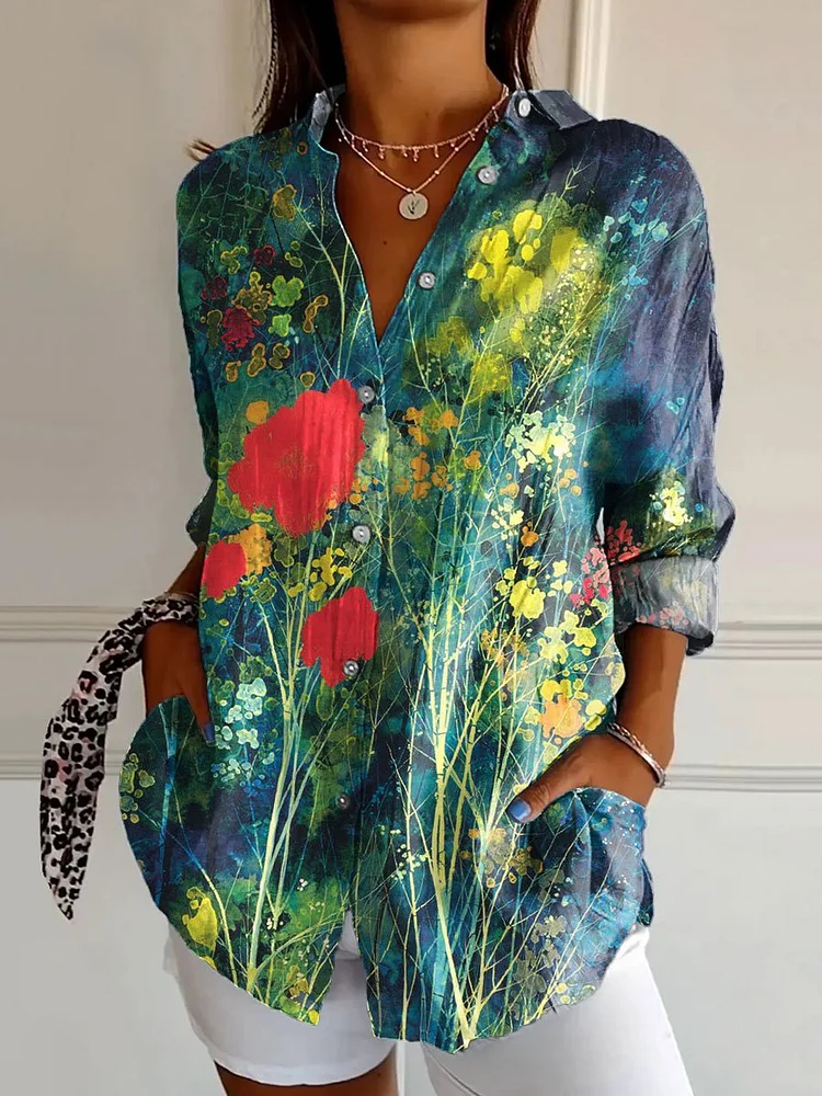 Women's Flower Print Casual Cotton Shirt