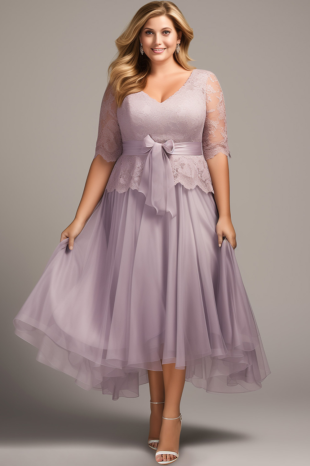 Flycurvy Plus Size Mother Of The Bride Taro Color Mesh Lace Half Sleeve Maxi Dress 2024 - Flycurvy 