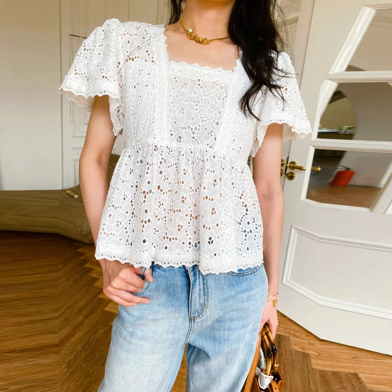 Uveng Uveng Small Top Girl Korean Summer White French Design Sense-Fangling Doll Shirt European Women's Shirt