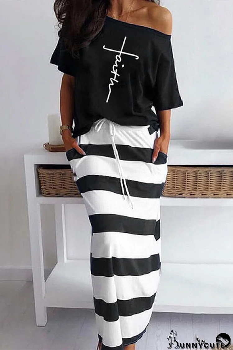 Black Fashion Casual Striped Print Basic Oblique Collar Short Sleeve Two Pieces