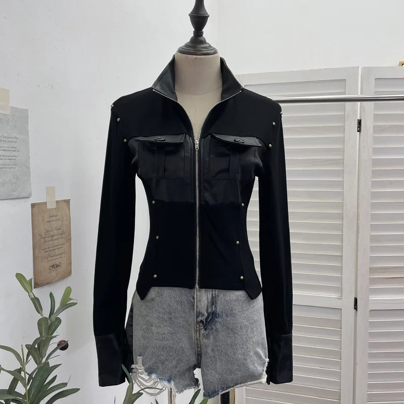 Nigikala Nigikala Modern Zipper Collar Spliced Pu Leather Shirt Babes Short Jacket Coat Fur Coat 1365