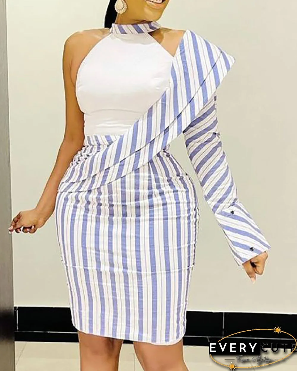 Striped Print Colorblock One Shoulder Bodycon Dress