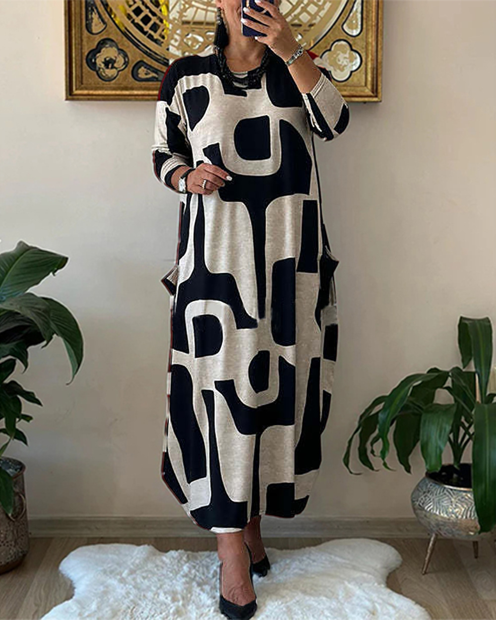 Mature Women's Fashion Printed Loose Long-sleeved Dress