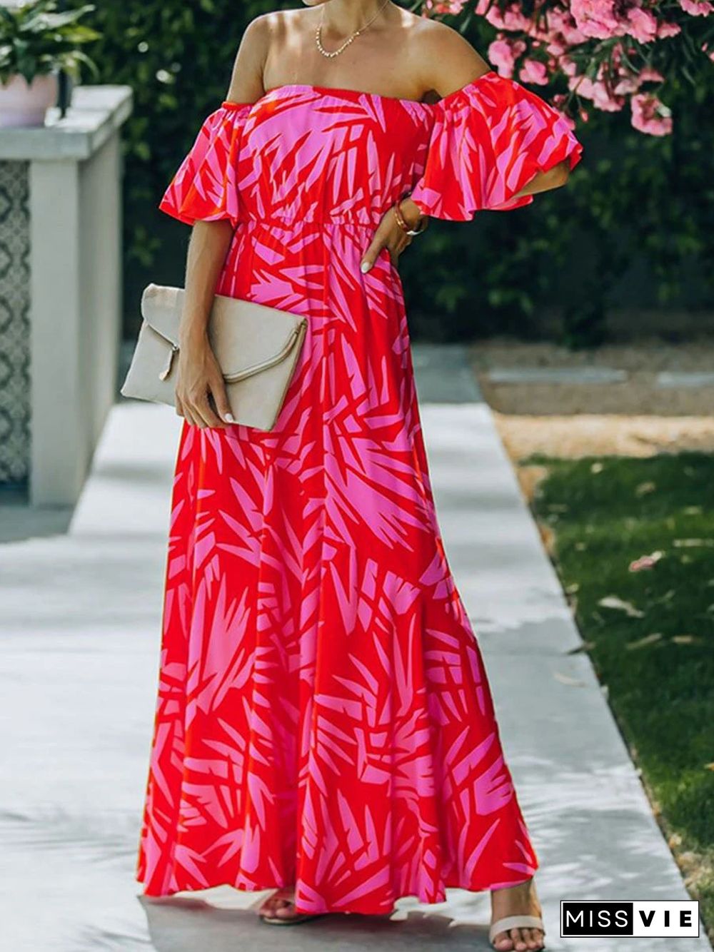 Resort-style Print Off-the-shoulder Maxi Dress P14351
