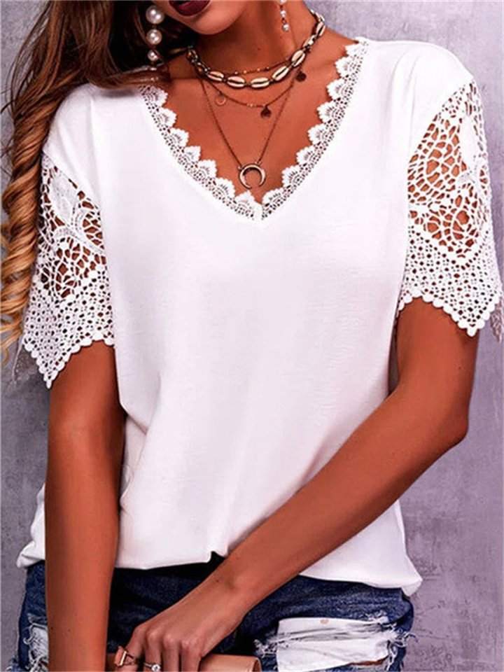 Lace Lace Splicing Loose V-neck Short-sleeved T-shirt -vasmok