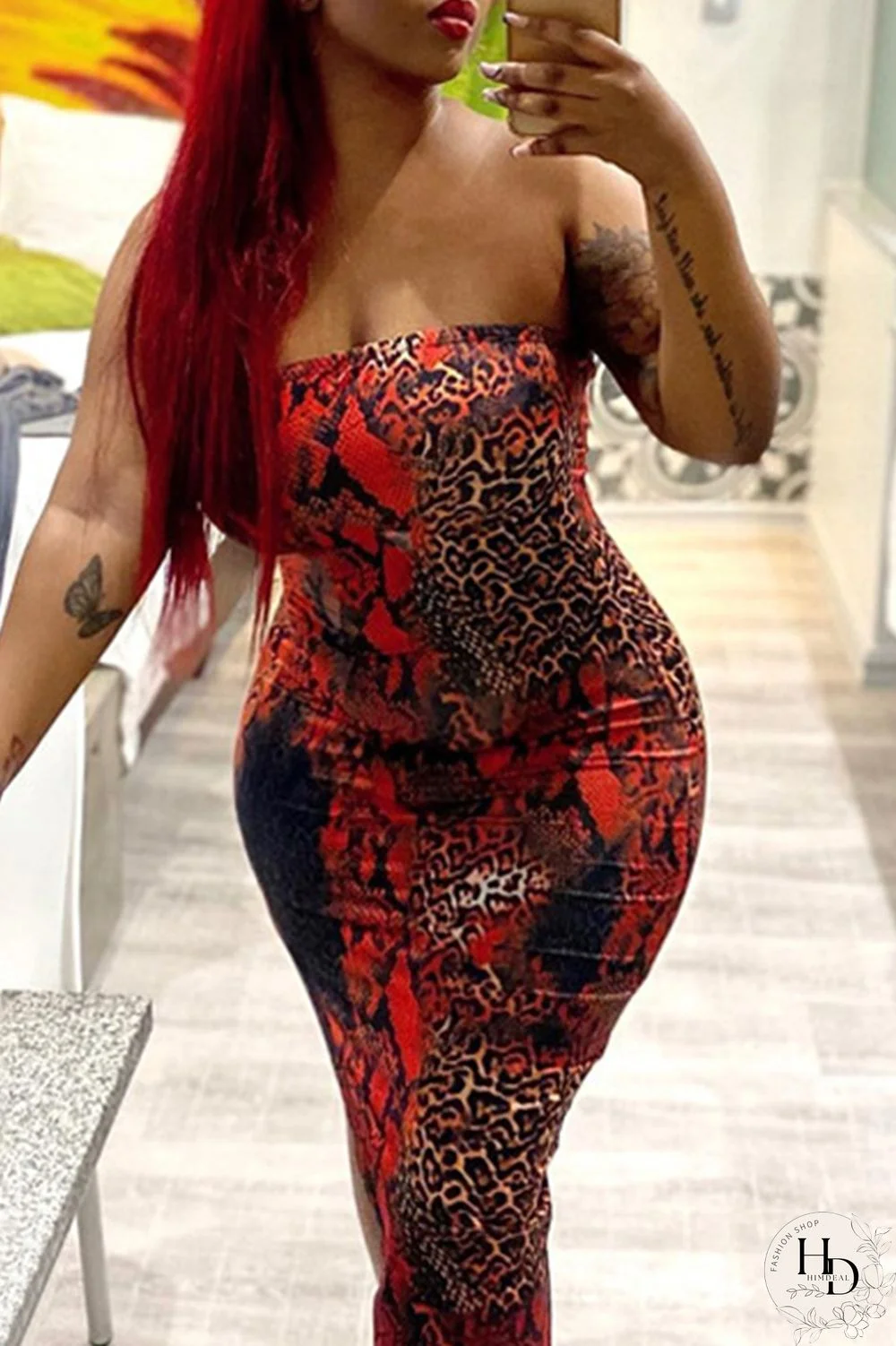 Red Sexy Casual Print Backless Strapless Plus Size Dresses