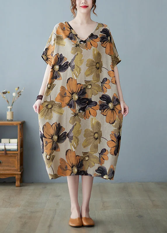 Plus Size Khaki V Neck Print Long Dress Short Sleeve