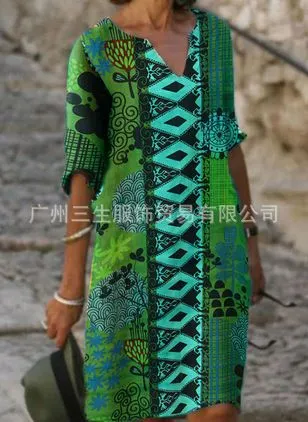 2021 new color matching printed patchwork V-neck loose bamboo retro literary round neck five-point sleeve plus size dress