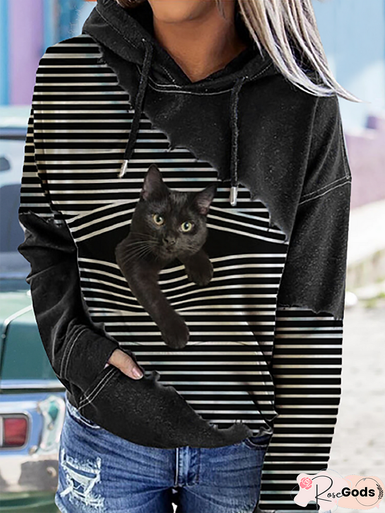 Black Cat Print Patchwork Striped Long Sleeve Hooded Sweatshirts