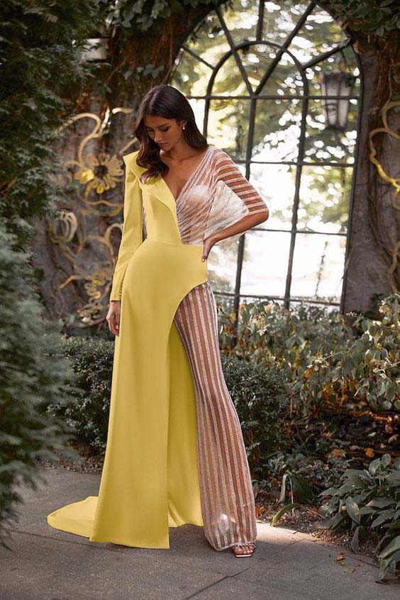 Hidais Patchwork White V Neck Long Sleeves High Waist Long Wid-Leg Jumpsuit with Tulle