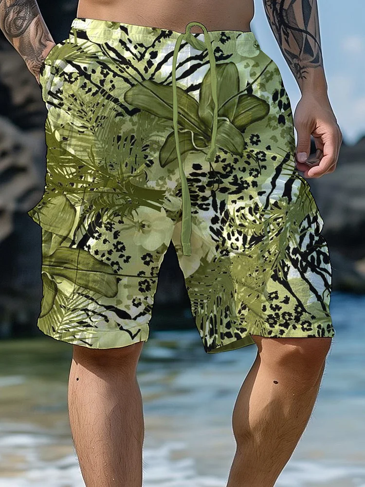 Men's Floral Plants Leopard Print Vacation Shorts