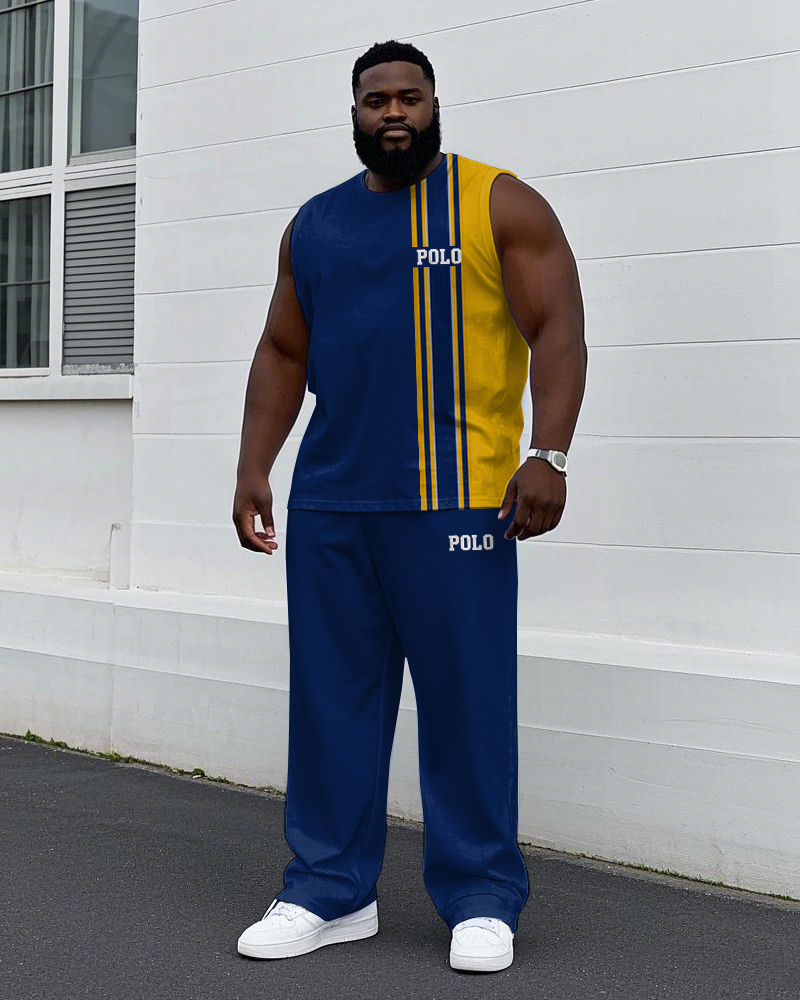 Big Men's Splicing Simple Yellow Stripe POLO Letter Printed Vest and Pants Set