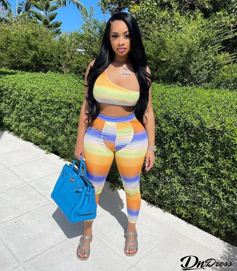 Sexy Gradient One Shoulder Two Piece Pants Set