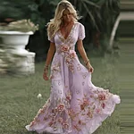 Women's Vintage Pink Rose Embroidered Art Pattern V-neck Short Sleeve Midi Dress - Image 7
