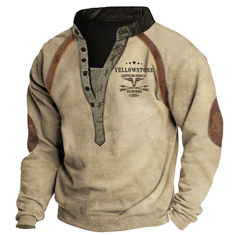 Men's Vintage Western Yellowstone Raglan Henley Sweatshirt afbd