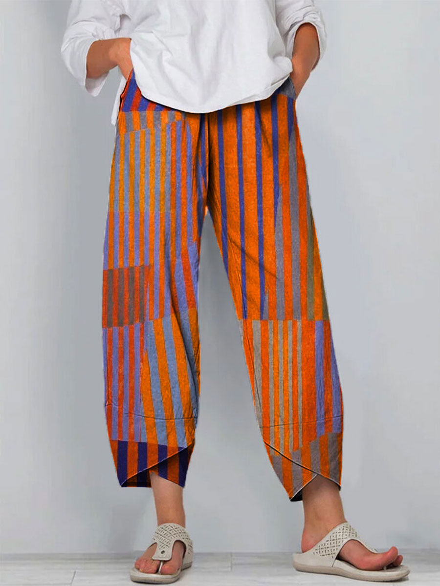 Women's Vintage Colorblock Striped Art Print Cotton And Linen Casual Pants