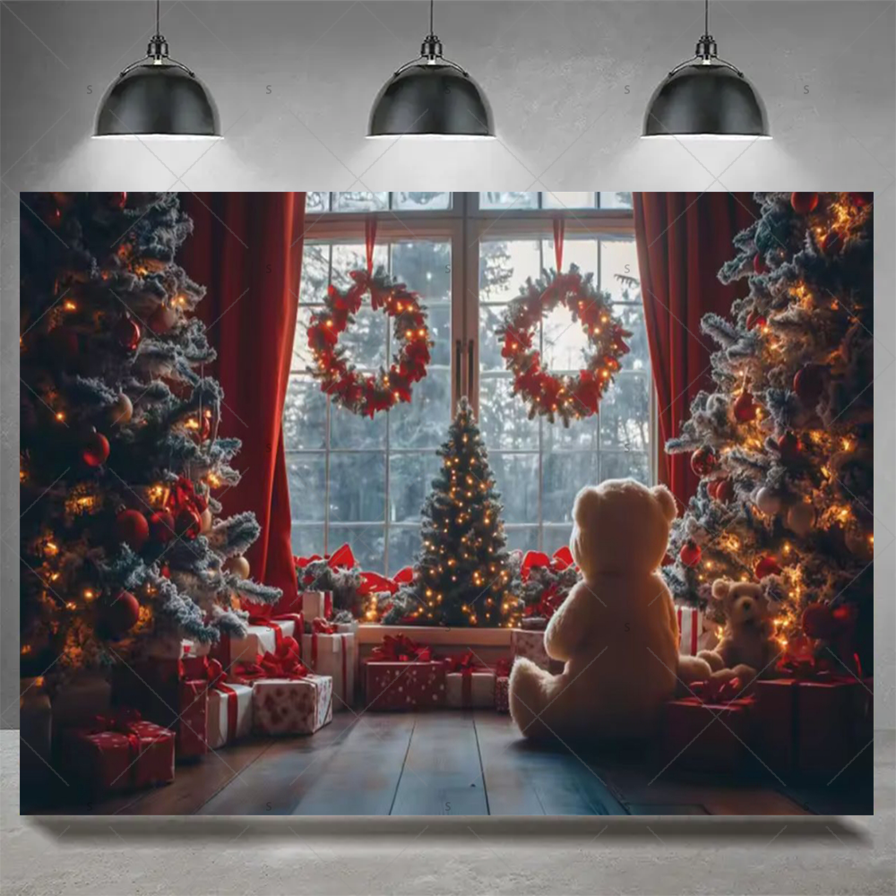 Tegooe Christmas Photography Backdrop Festive Fireplace Xmas Tree Background Banner for Holiday Party Decor Photo Booth Prop