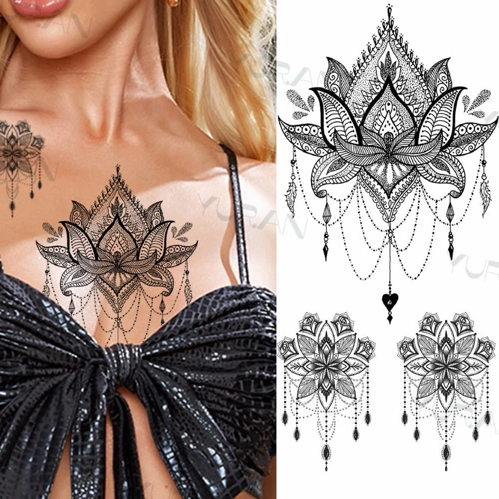 Black Large Snake Flower Fake Tattoo Sticker For Women Dot Rose Peony Temporary Tattoos DIY Water Transfer Tatoos Girls 530
