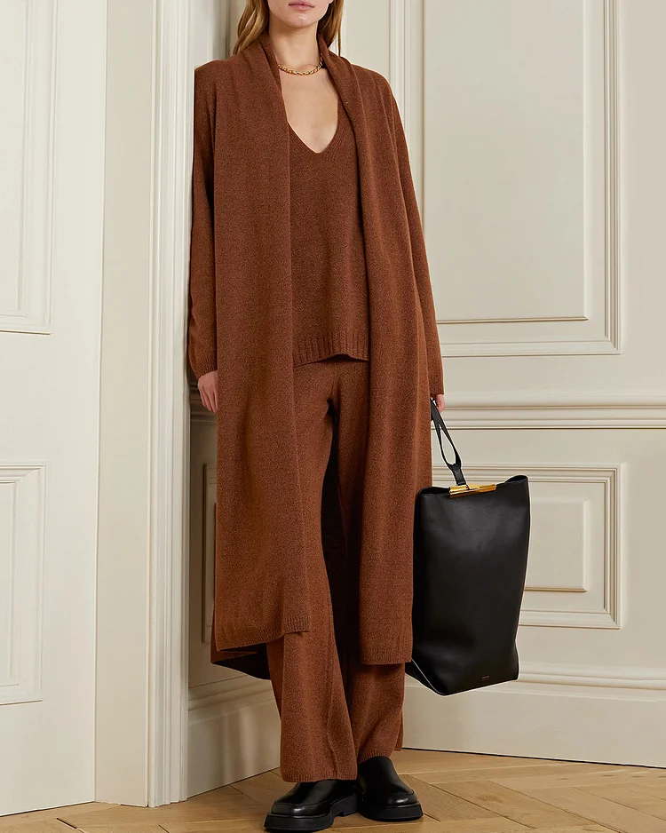 Wool-blend cardigan and sweater pants three-piece set