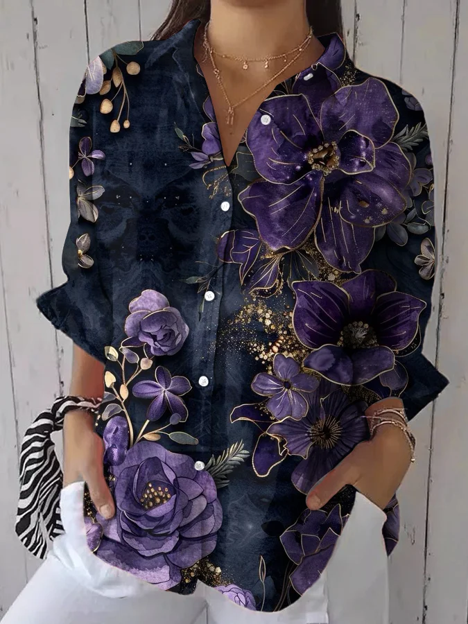 Women's Vintage Flower Art Print Casual Linen V-neck Shirt
